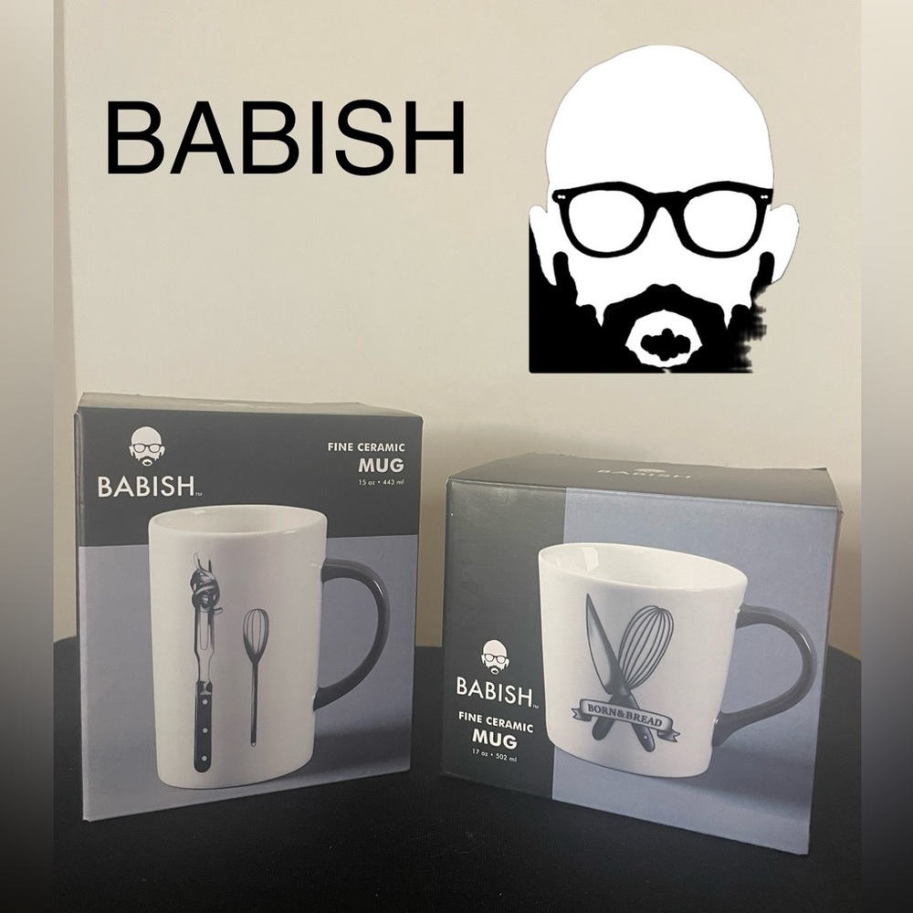 BABISH Two Ceramic Tattoo Mugs: Born & Bread / Fork & Whisk- White Black NEW NIB